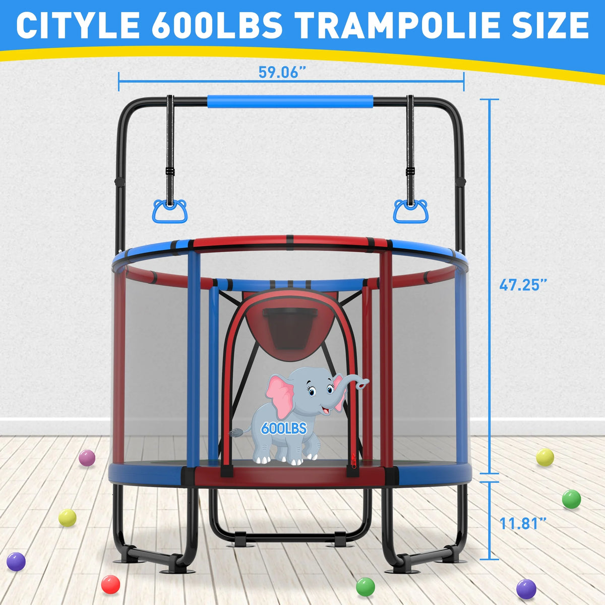 CITYLE Trampoline for Kids 600LBS 60'' 5FT Toddler Trampoline Indoor Outdoor with Basketball Hoop, Swing, Adjustable Bar, Mini Small Trampoline with Enclosure, Gifts for Toddlers, Boys & Girls