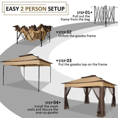 COBIZI 12x12 Outdoor Gazebo Pop Up Gazebo Canopy with Mosquito Netting Patio Tent Backyard Canopy with 2-Tiered Vented Top 3 Adjustable Height, Beige