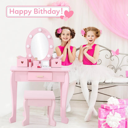 Girl Vanity Table and Chair Set, Kids Wood Makeup Dressing Table with Lights, Mirror, Drawer & Stool