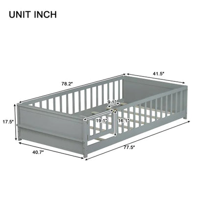 Bellemave Twin Size Floor Bed with Fence, Montessori Floor Twin Bed with Built-in Book Rack, Solid Wood Twin Bed with Slats and Safety Guardrails, Natural