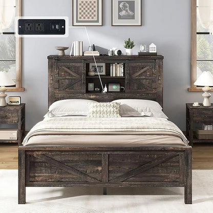 Merluxy Farmhouse Full Bed Frame with Storage Bookcase & Charging Station, Bedroom Furniture, Grey