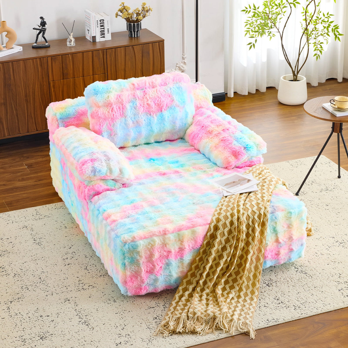 Ktaxon 68" Lounge Chair, Bubble Fleece Fabric Sofa Bed, Boneless Sleeper Chaise with Removable Backrest & Pillow-Top Armrests for Living Room White