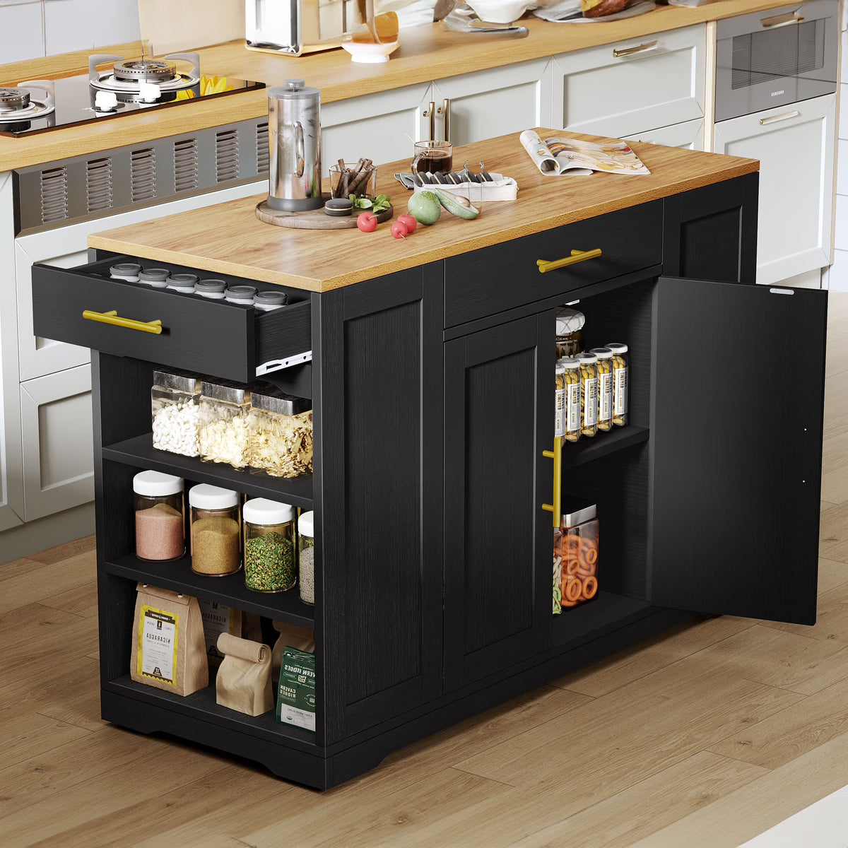DWVO Kitchen Storage Cart with Trash Can Storage Cabinet, Rolling Kitchen Island with Wheels and Drawers for 13-Gallon Trash Bin, Gray