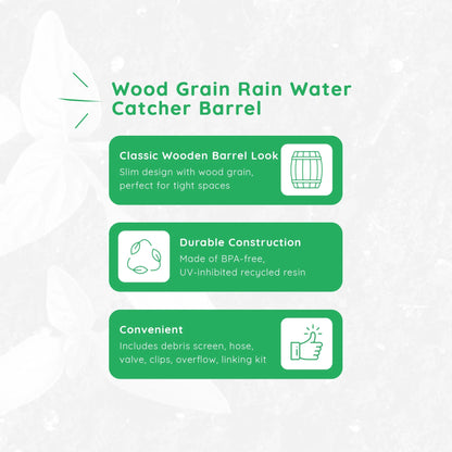 FCMP Outdoor WG4000-GRY Home Outdoor Wood Grain Rain Water Catcher Barrel