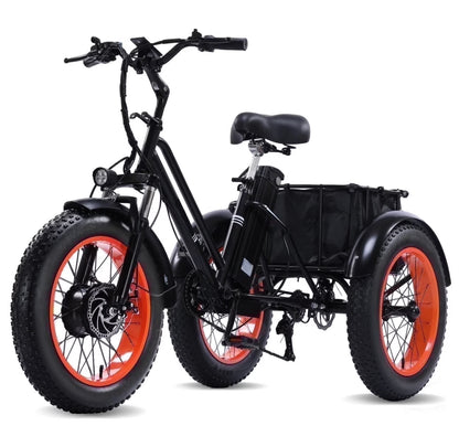 YEBEI Electric Tricycle for Adults Folding E-Trike Motorized Tricycle Electric 3 Wheels Trike Powerful 500W Motor Electric Tricycle 48V15AH Lithium Battery Max 20MPH 20*4.0” Fat Tire Orange