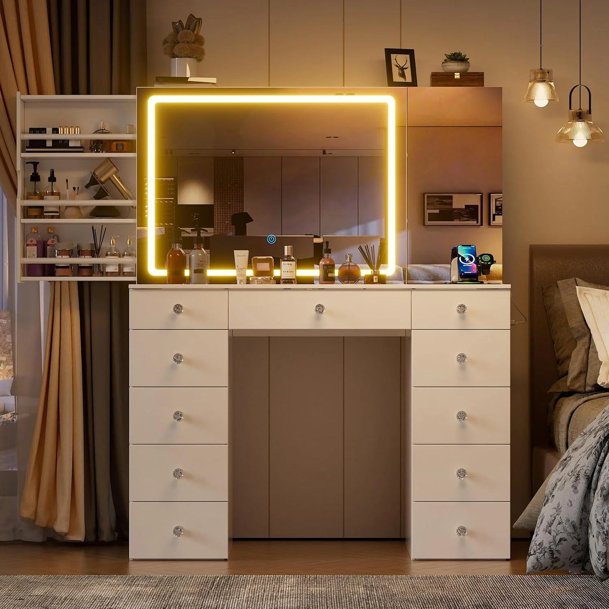 PAKASEPT Vanity Set with Lighted Mirror, Large Vanity Desk with Charging Station, Makeup Vanity Table with 11 Drawers & Hidden Sliding Storage Cabinet & Visible Glass Tabletop for Bedroom (White)