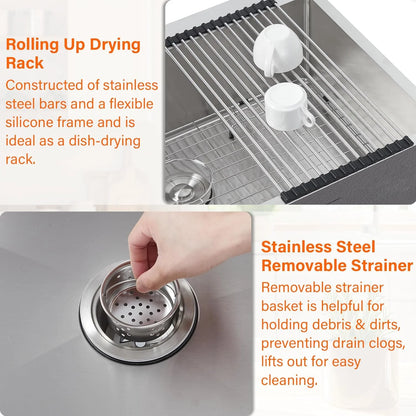 Garvee 33 x 22 Drop In Kitchen Sink, 16 Gauge Stainless Steel Topmount Deep Single Bowl Sink with Grid and Drain Strainer Set, Household Dishwasher Sinks for Workstation, RV, Prep Kitchen, Bar Sink