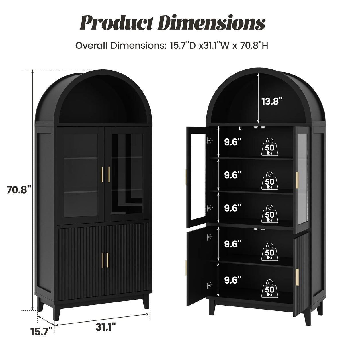 VEANERWOOD 71" Tall Arch Cabinet, Wood Fluted Kitchen Kitchen Storage Cabinet with 4 Doors and 6 Shelves for Dining Room Living Room