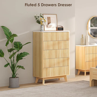 Selooye Fluted 5 Drawers Dresser, 47" Tall Modern Chest of Drawers with Faux Marble Top, Curved Profile Design, Wood Drawer Organizer for Bedroom, Living Room, Hallway, Entryway, Natural Oak