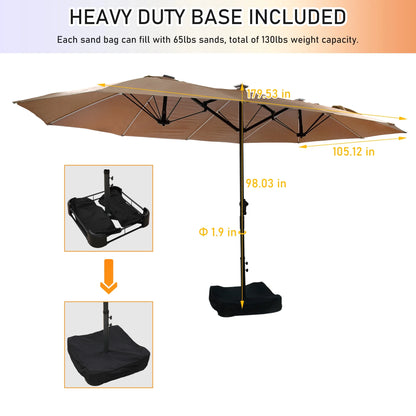 Mondawe 15ft Patio Umbrella, Large Double-Sided Solar LED Outdoor Umbrella with Fiberglass Ribs and Base for Deck Pool, Navy Blue