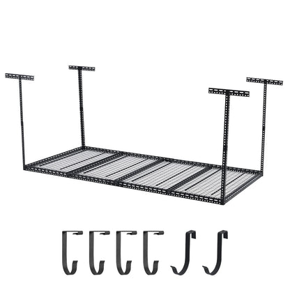 Overhead Garage Storage Rack - Heavy Duty 300kg Capacity, Adjustable 56-100cm Height, 180x120cm Black Steel Shelving with Hooks for Garage Organization