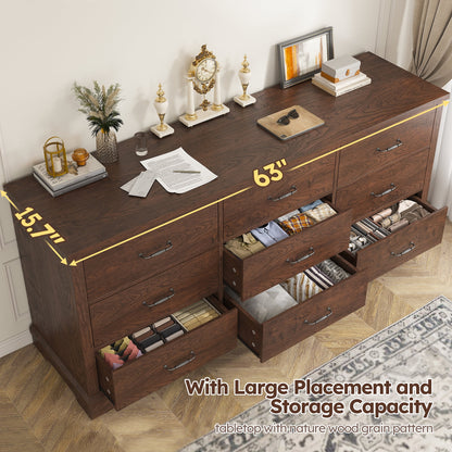 EnHomee Wood Dresser for Bedroom 9 Drawer Dressers&Chest of Drawers 63"L x 15.7"W x 31.5"H,Brown