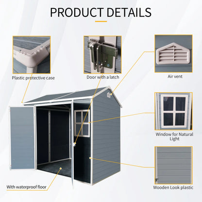 8x4 FT Outdoor Storage Shed with Floor, Resin Garden Sheds with Lockable Door, Vents & Windows, Weather Resistant Tool Shed with Sloped Roof for Backyard Patio, Grey