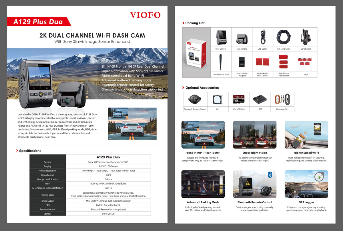 VIOFO Dual Dash Cam, 2K 1440P 60fps+1080P 30fps Front and Rear Dash Camera with Wi-Fi GPS, Parking Mode(A129 Plus Duo)