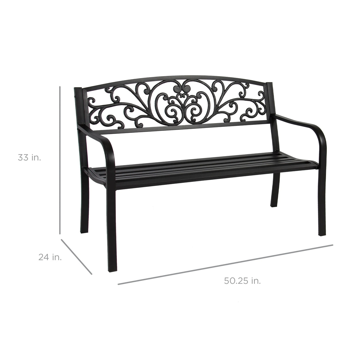 Best Choice Products Outdoor Steel Bench Garden Patio Porch Furniture w/ Floral Design Backrest - Black