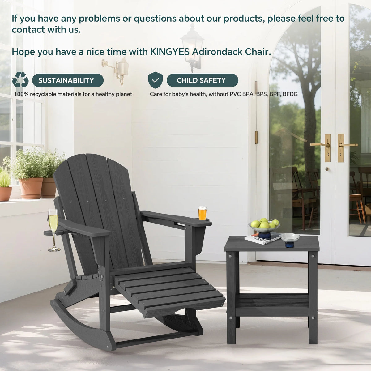 KINGYES Folding Adirondack Rocker Chair Set of 2 W/ Footrest & Dual Cup Holders, HDPE Outdoor Patio Rocking Chair, Black