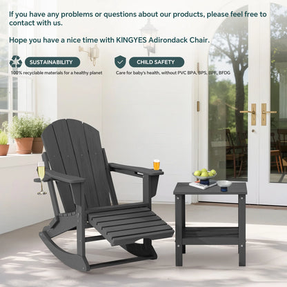 KINGYES Folding Adirondack Rocker Chair Set of 2 W/ Footrest & Dual Cup Holders, HDPE Outdoor Patio Rocking Chair, Black