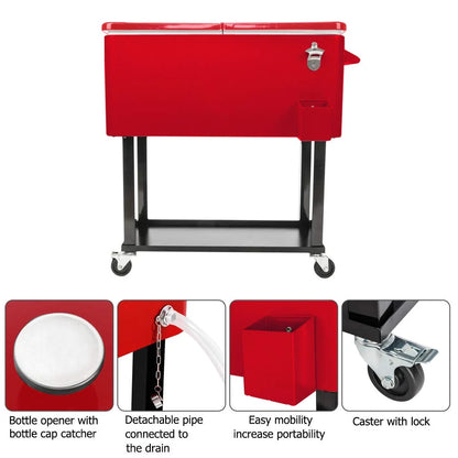 BNSPLY 80 Quart Outdoor Cooler Cart Rolling Ice Chest Cooler Cart, Portable Patio Cooler with Bottle Opener, Handles and Drainage, Standing Cooler for Patio Party, Camping and BBQ, Mint Green
