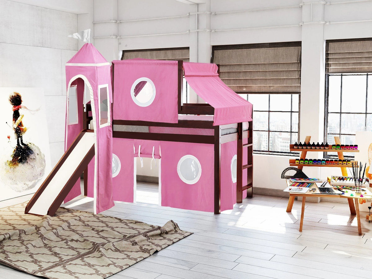 JACKPOT! Castle Low Loft Bed with Slide, Red Yellow and Blue Tent and Tower, Twin, Cherry