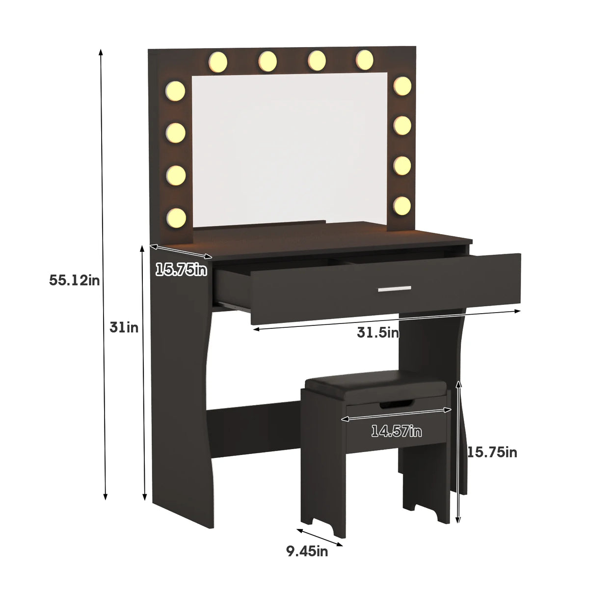 Vanity Table Set with Lighted Mirror,Makeup Vanity with Lights, Large Drawer Sturdy Wood Vanity, White