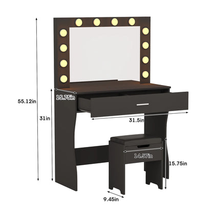 Vanity Table Set with Lighted Mirror,Makeup Vanity with Lights, Large Drawer Sturdy Wood Vanity, White