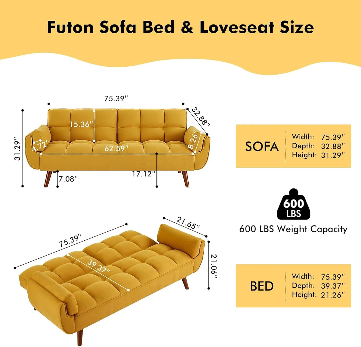Mydepot Convertible Futon Sofa Bed, Adjustable Couch Sleeper Modern Fabric Recliner Reversible Loveseat Folding Daybed Guest Bed, Armrests, Yellow