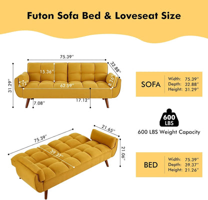 Mydepot Convertible Futon Sofa Bed, Adjustable Couch Sleeper Modern Fabric Recliner Reversible Loveseat Folding Daybed Guest Bed, Armrests, Yellow