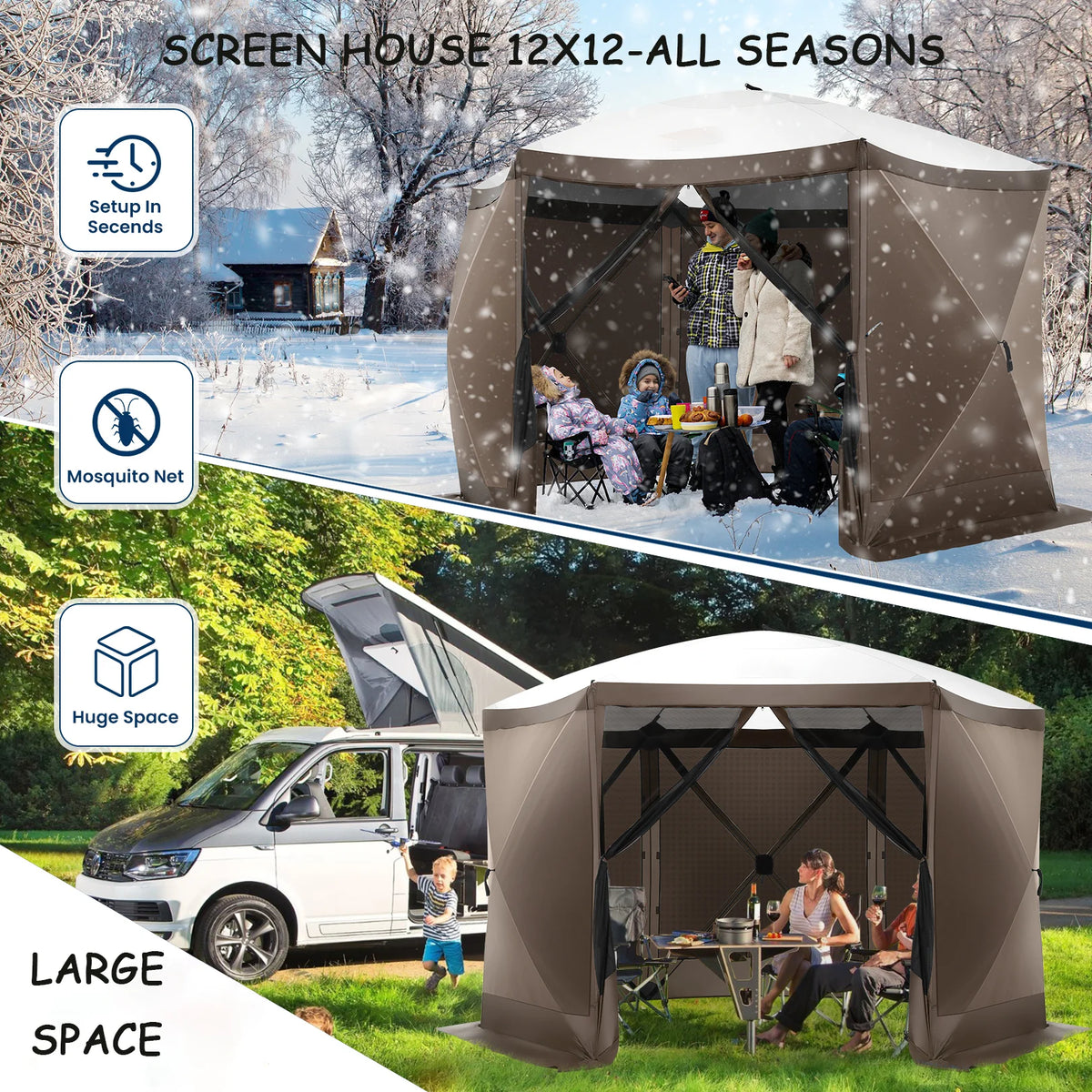 COBIZI 12x12 Pop Up Canopy Gazebo, Outdoor Canopy Tent Screen House with 5 sidewalls and Netting for Camping, Waterproof, UV Resistant, Ez Set-up Party Tent with Carrying Bag and Ground Stakes,Brown