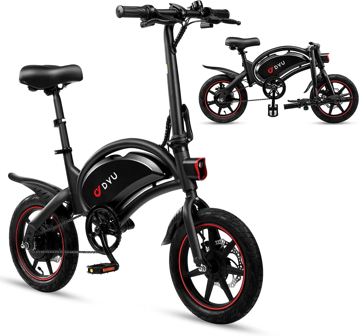 D DYU 14" Folding Electric Bike for Adults Teens, 15.5MPH Cruiser E Bike, 250W 36V/10AH, Pedal-Assist, Step-Through Frame Electric Commuter Bike, Complies to UL2849