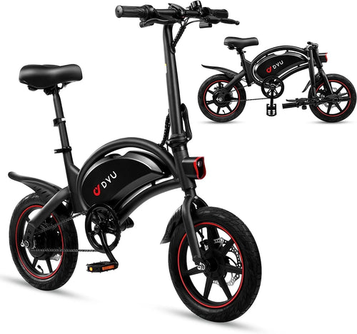D DYU 14" Folding Electric Bike for Adults Teens, 15.5MPH Cruiser E Bike, 250W 36V/10AH, Pedal-Assist, Step-Through Frame Electric Commuter Bike, Complies to UL2849