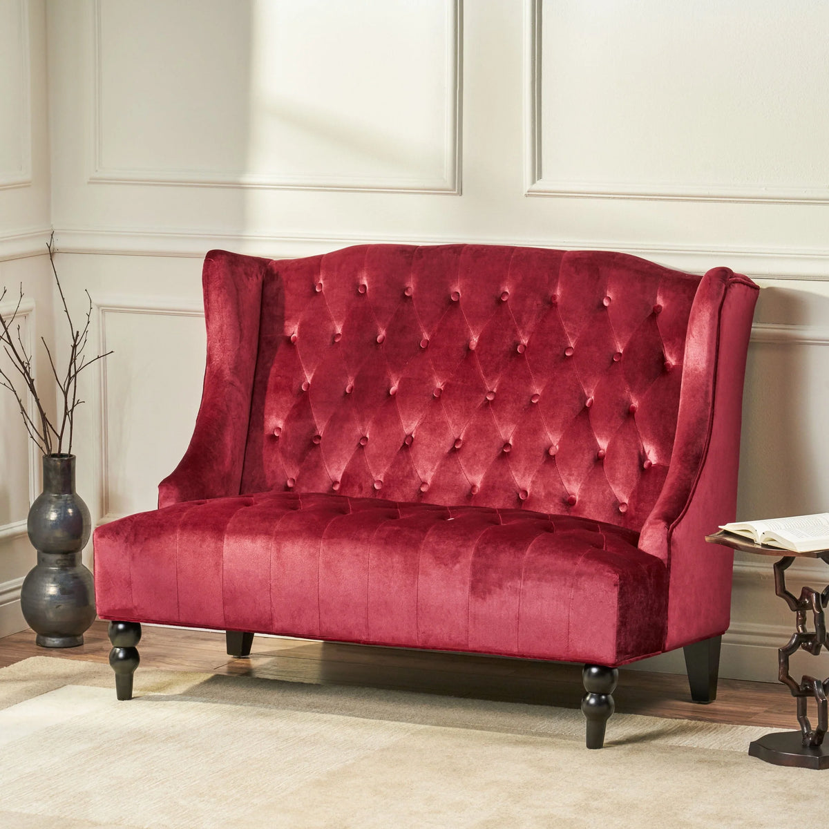 GDF Studio Leona Modern Glam Tufted Velvet Wingback Loveseat, Wine and Dark Brown