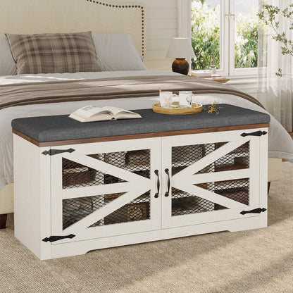 Farmhouse Storage Bench with Cushion, 31.4in Shoe Cabinet with Metal Barn Door and Half Hidden Storage Space for Entryway, Bedroom, Living Room, Old White