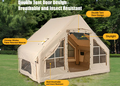 Inflatable Camping Tents With Hand Pump, Air Glamping Tents, Easy SetupWaterproofand Windproof Blow Up Tent, 4 Seasons Oxford Cabin Tent With esh &ChimneyWindow.