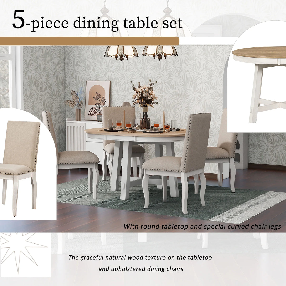 Harper & Bright Designs Round Extendable Dining Table Set for 4, 5 Piece Farmhouse Wood Dining Table Set with 4 Upholstered Dining Chairs, Natural Wood Wash