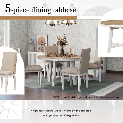 Harper & Bright Designs Round Extendable Dining Table Set for 4, 5 Piece Farmhouse Wood Dining Table Set with 4 Upholstered Dining Chairs, Natural Wood Wash