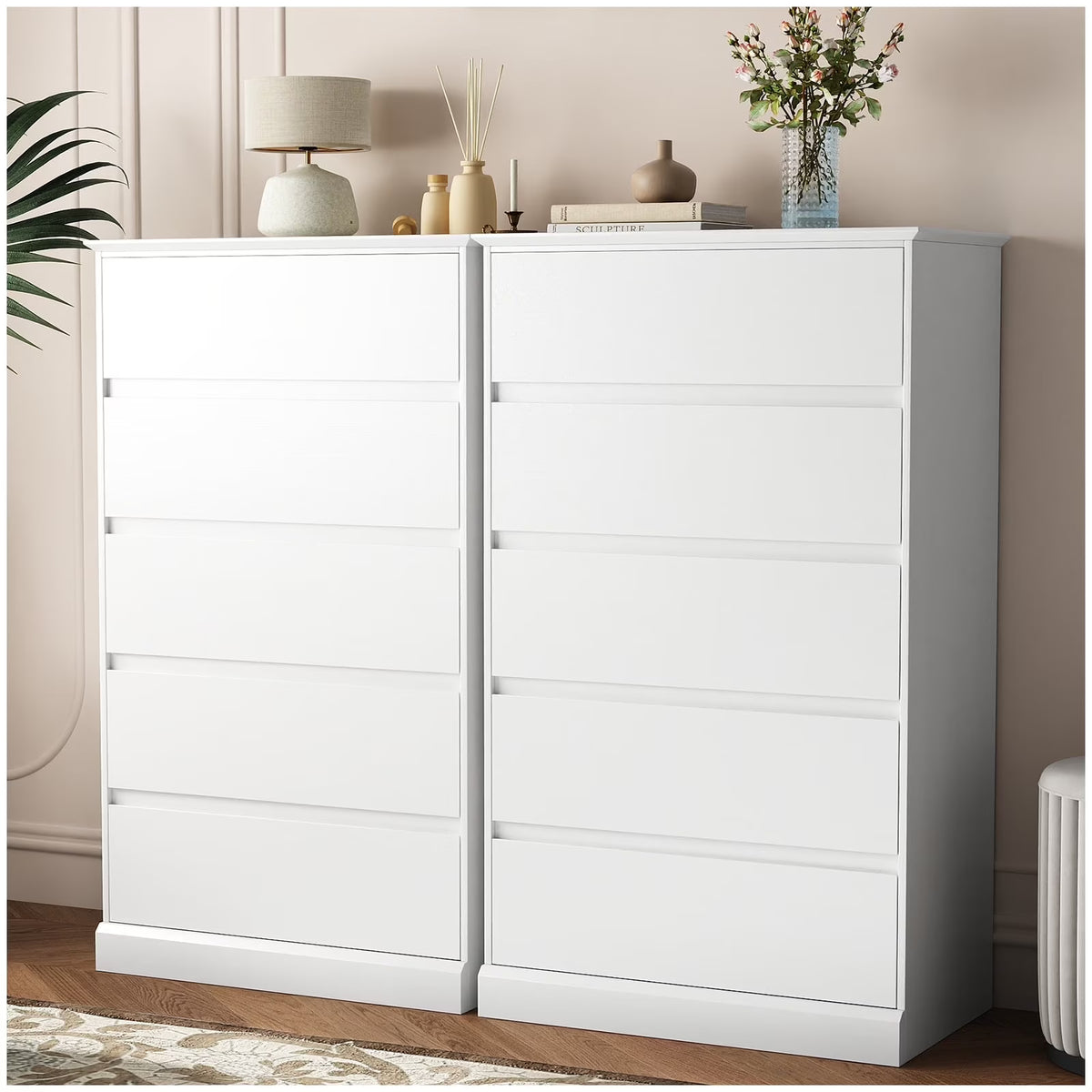 2 PCS  Dresser for Bedroom, 5 Drawer Dresser Black Chest of Drawers for Living Room Dressing Room Entryway -2PCS