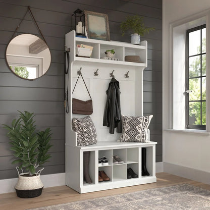 Woodland 40W Hall Tree and Shoe Bench with Shelves in Gray - Engineered Wood