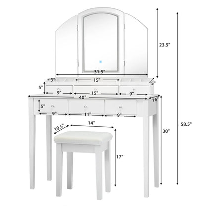 Costway Vanity Table Stool Set Large Tri-folding Lighted Mirror 6 Drawer Dresser White