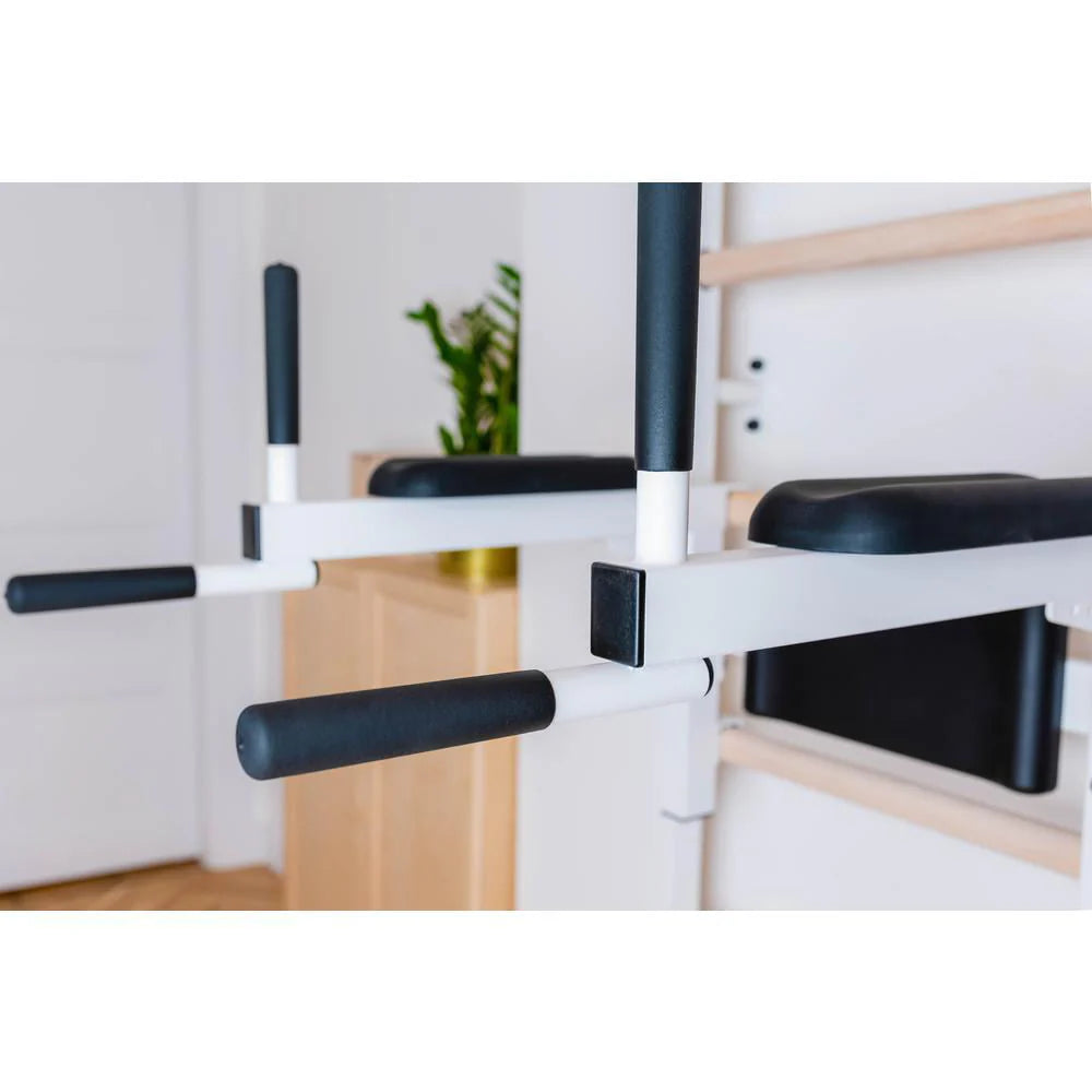 BenchK 733 White Wall bars with convertible steel 6-grip pull-up bar that can also be used as a barbell holder, dip bar with back support and advanced workout bench