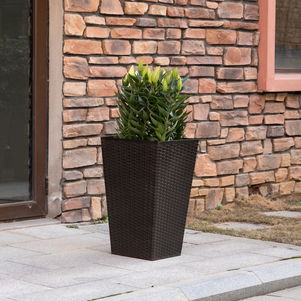 Outsunny Set of 3 Tall Planters with Drainage Hole, Outdoor Flower Plant Pots, Indoor Planters for Porch, Front Door, Entryway, Patio and Deck, Black