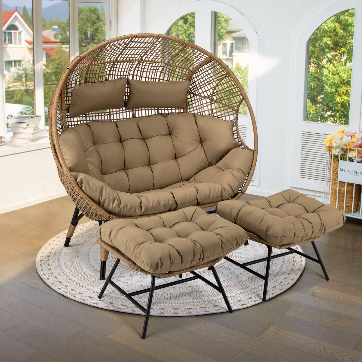 RADIATA 440 lbs Outdoor Egg Chair with Foot Rest & Ottoman, Wicker Patio Egg Chair for Indoor or Garden,Beige