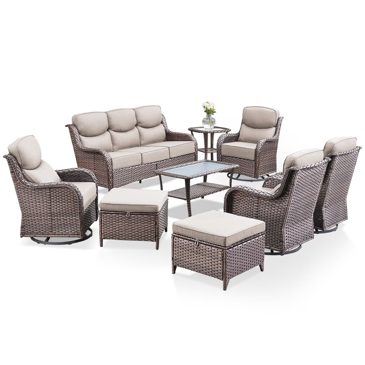 Bellefurn Luxury Outdoor Patio Furniture Set,Swivel Rocker Patio Chairs with 6-inch Thick Cushion,Patio Sofa and Glass Coffee Table,Outdoor Conversation Set for Porch, Deck, Yard
