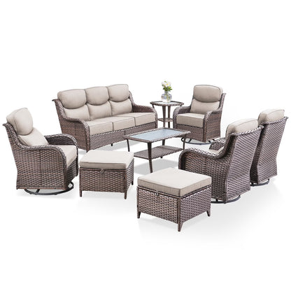 Bellefurn Luxury Outdoor Patio Furniture Set,Swivel Rocker Patio Chairs with 6-inch Thick Cushion,Patio Sofa and Glass Coffee Table,Outdoor Conversation Set for Porch, Deck, Yard