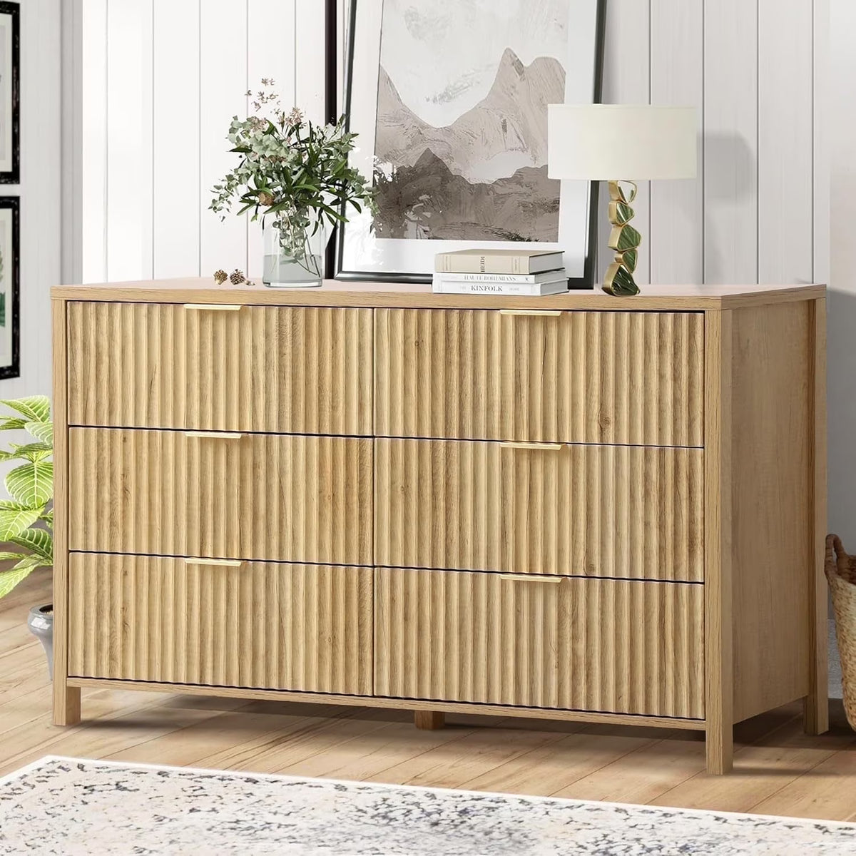 Magic Union Fluted 6 Drawers Dresser for Bedroom, 54" Wide Chest of Drawers with Thick Plank Styling, Wooden Storage Drawer Organizer for Bedroom, Living Room,Hallway, Entryway, Brown