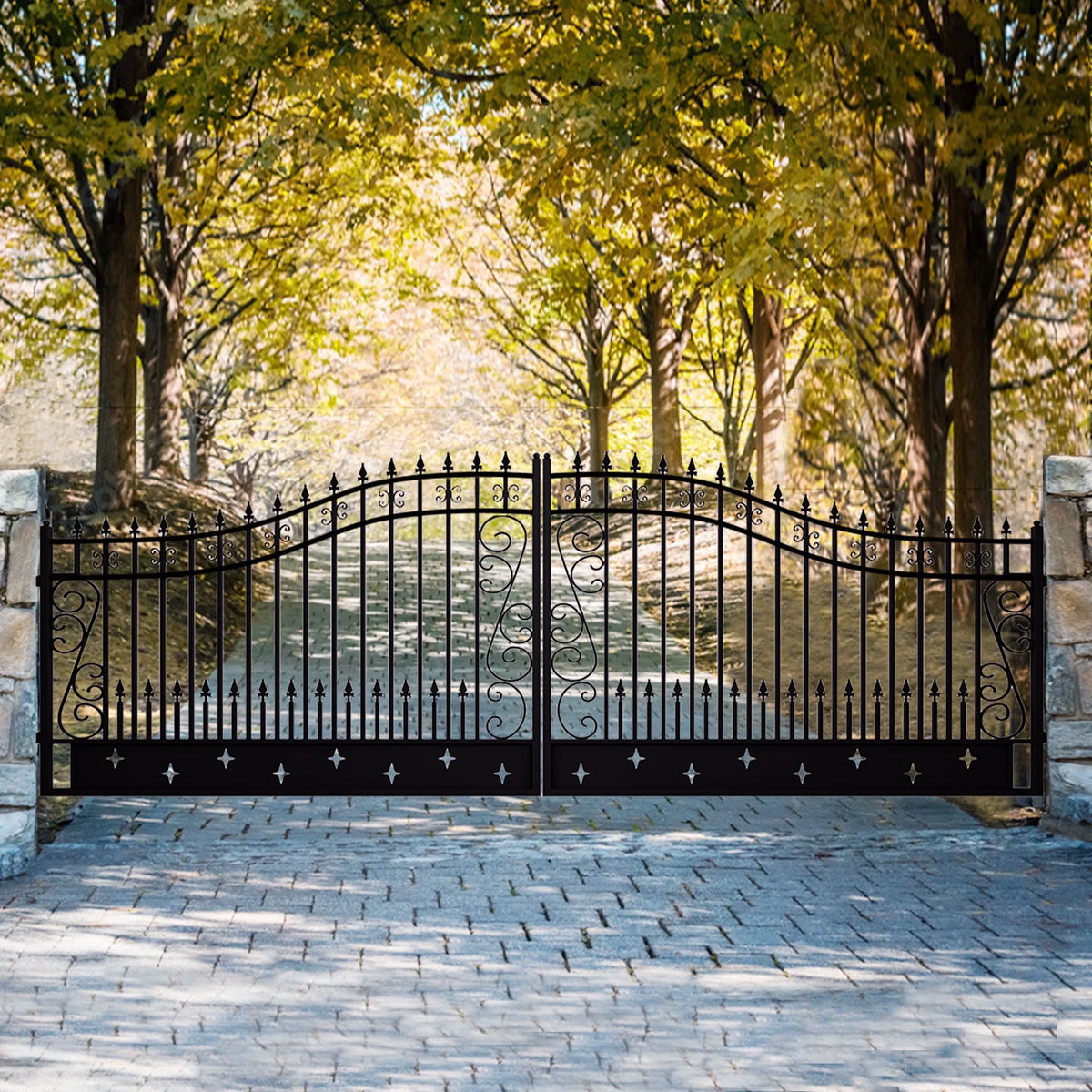 Outdoor Dual Swing Wrought Iron Gate for Driveway, Security Gate, Outdoor Fence Gate, Vienna Style for Yard, Backyard Patio�� 20'Star��