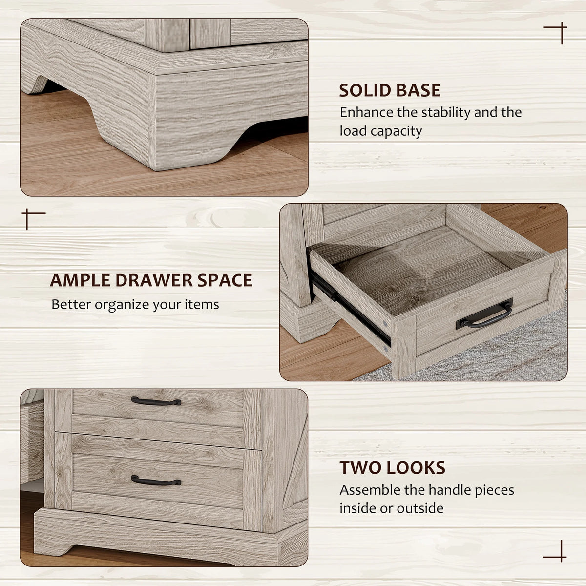 Farmhouse Nightstand Set of 2, 22 inch Side Table with Charging Station for Bedroom, 2PCS, White