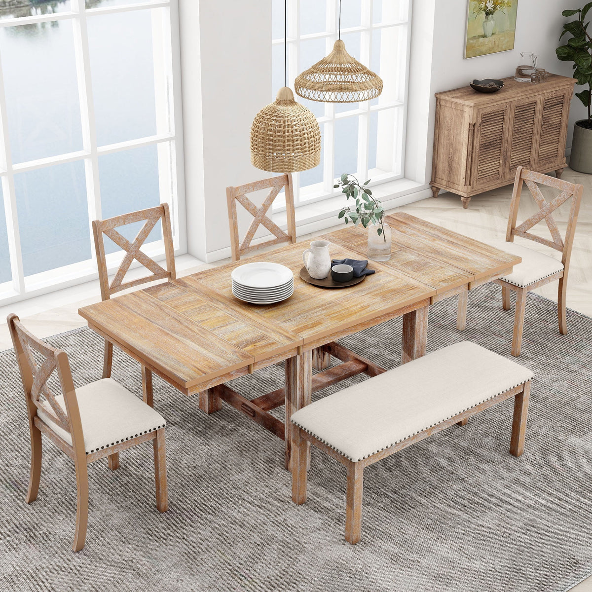 6 Piece Extendable Dining Table Set, Atumon Wood Dining Room Set for 6, Dining Table Set with 4 Beige Cushioned Chairs and Bench, Farmhouse Dining Table Set Furniture for Kitchen Dining Room, Natural