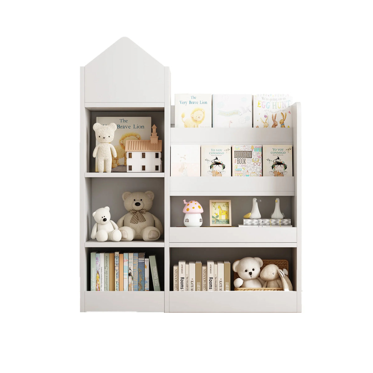 PORKISS Bookshelf for Kids, Wood Kids Bookcase with Toy Storage Organizer, Freestanding Book Shelf with 6 Compartments and 2 Baskets Bins for Kids Bedroom, Nursery, Playroom, Natural