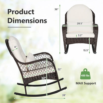 Costway Patio Wicker Rocking Chair W/Seat Back Cushions & Lumbar Pillow Porch Off White