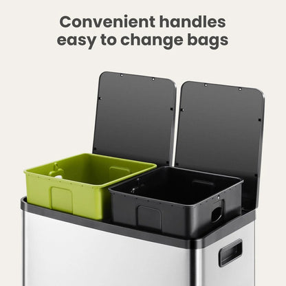 EDX 2 x 8.3 Gallon Dual Garbage Recycle Trash Can with Lid, Inner Buckets for Kitchen, Stainless Steel, Sliver